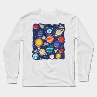 Paper space adventure I // illo // navy blue background multicoloured solar system paper cut planets origami paper spaceships and rockets Long Sleeve T-Shirt